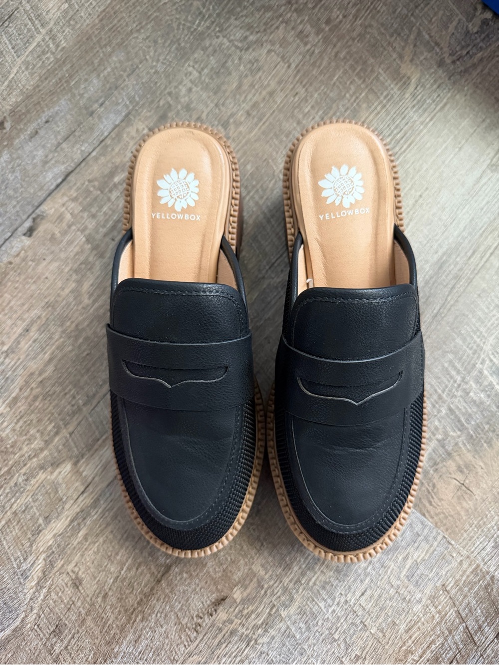 Yellow Box Black Slip-On Penny Loafer Mules with Tan Insole, Size 8